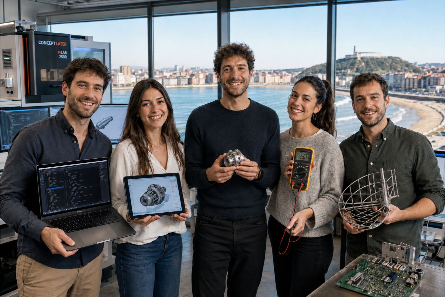 Equipo de técnicos altamente especializados de Northern Waves con componentes de antenas satelitales en la fábrica de Gijón