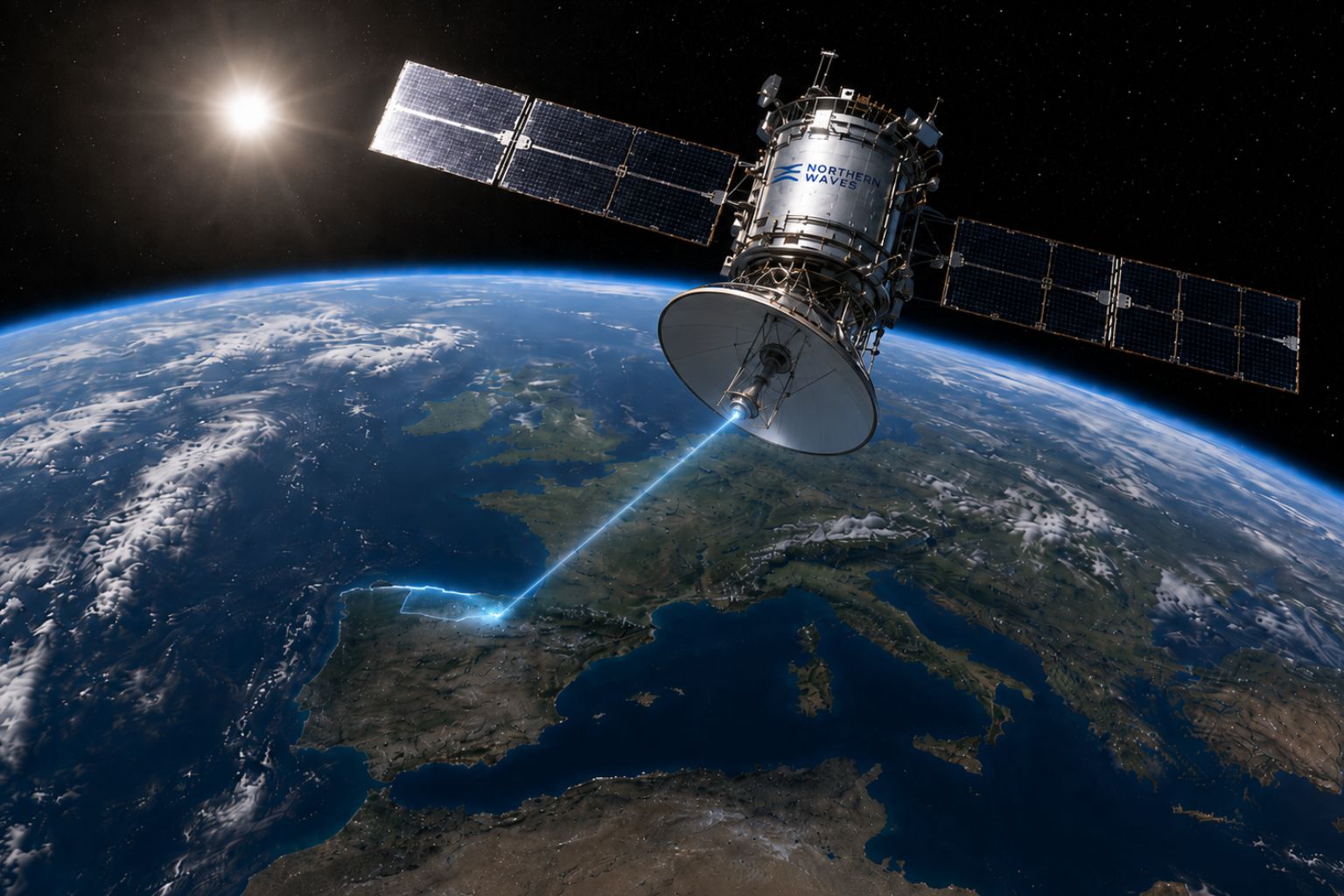 Ilustración de un satélite Northern Waves emitiendo señal sobre Asturias desde el espacio