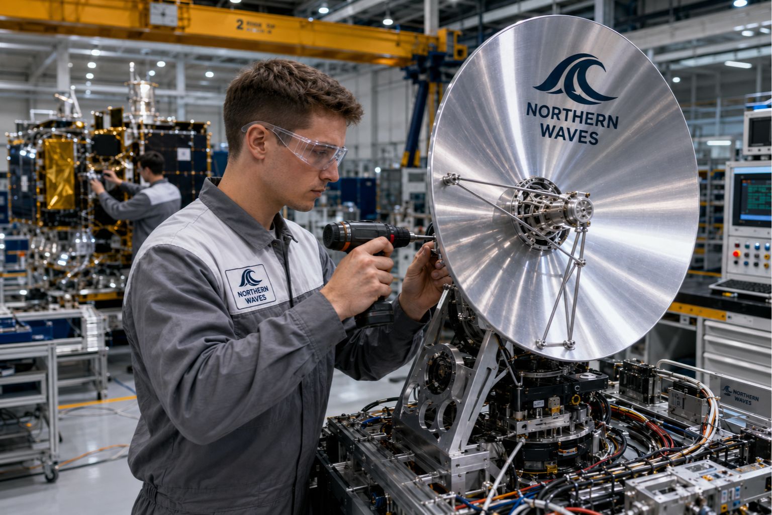 Técnico de Northern Waves ensamblando una antena satelital en la planta de fabricación de Gijón