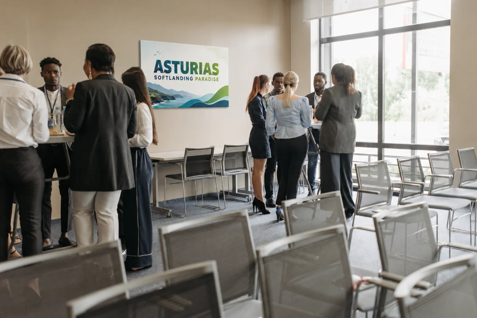 Evento de networking del programa Asturias Softlanding Paradise con emprendedores y agentes del ecosistema tech asturiano en sala de reuniones moderna