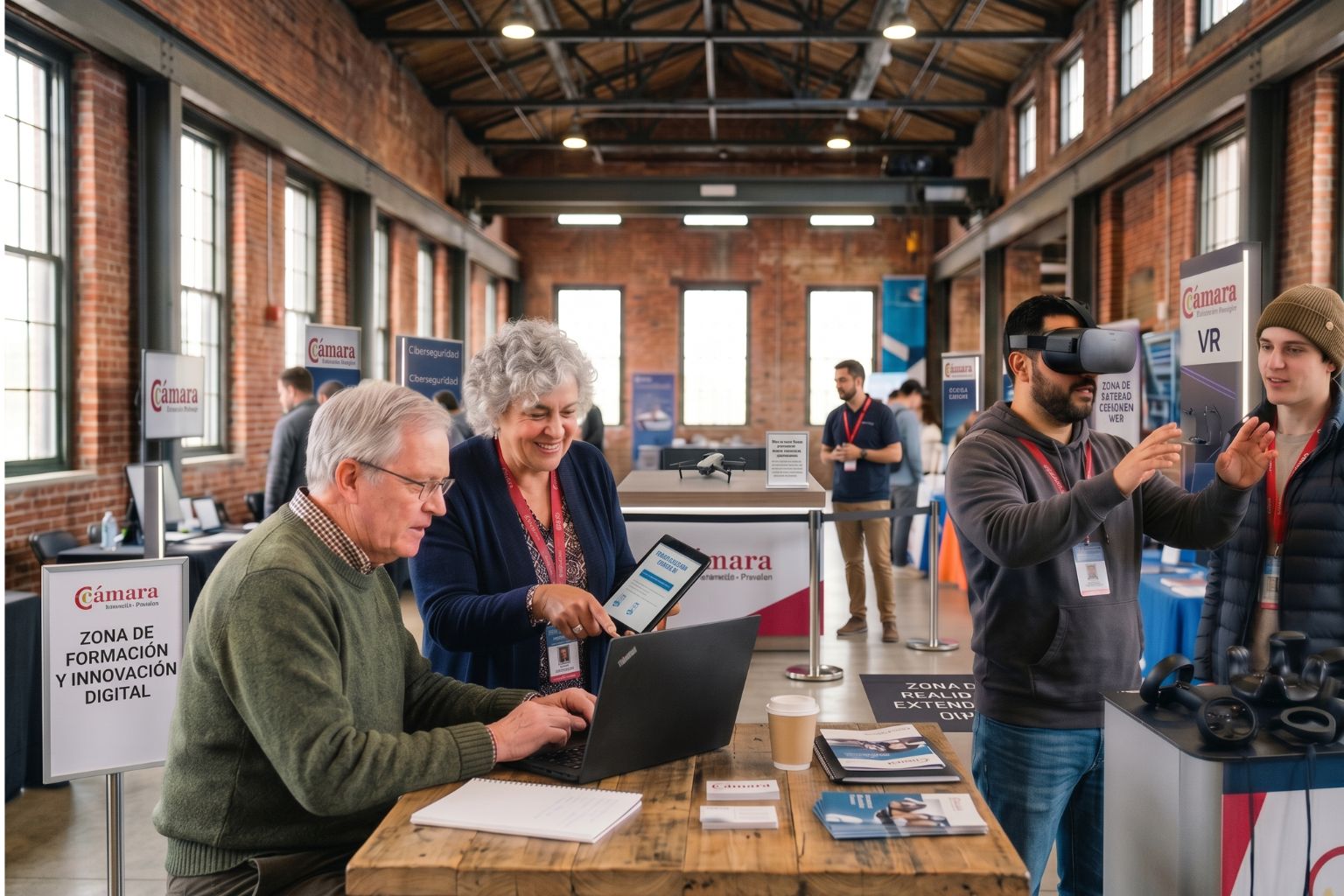 Asistentes utilizando ordenadores y gafas de realidad virtual en la Zona de Formación e Innovación Digital de la feria Ruta Digital en Asturias
