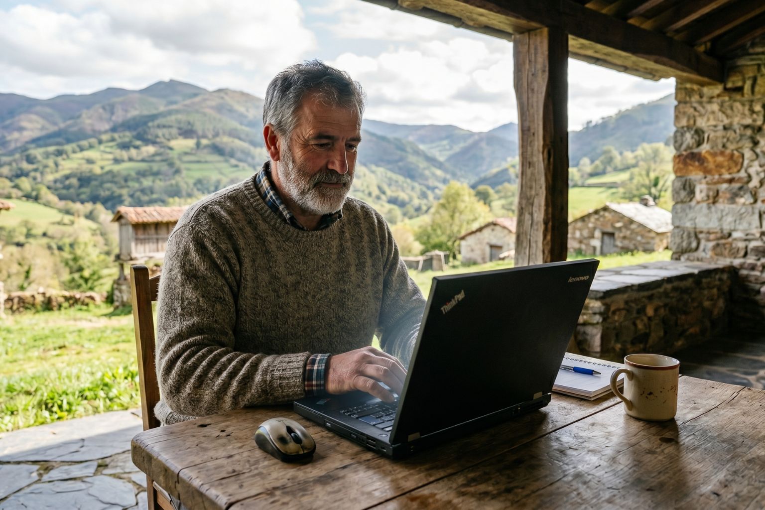 Hombre mayor con portátil trabajando con tecnología en entorno rural con vistas a la montaña en Asturias