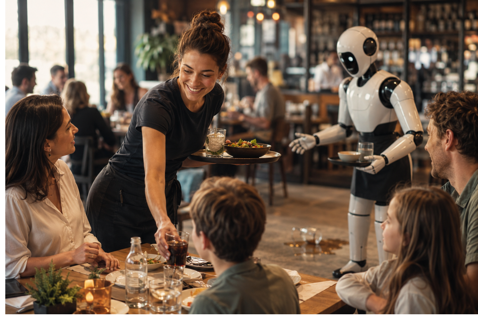 Trabajadora con mucha relación con las personas humanas en comparación con un robot.