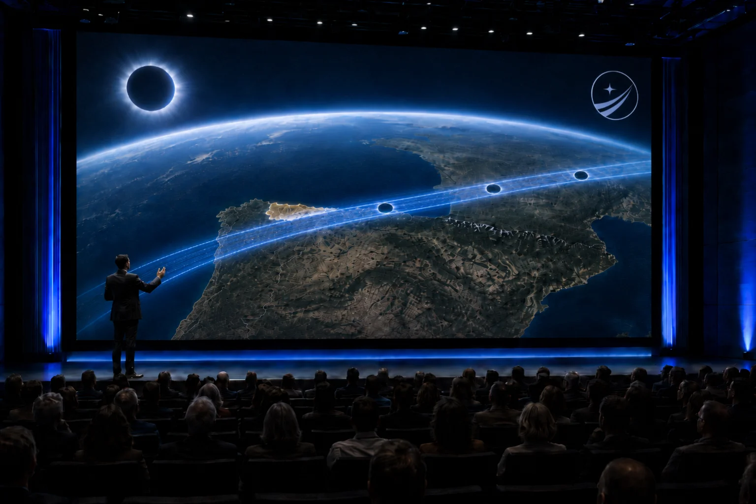 Ponente en el congreso The Many Pathways to Space presentando la franja de totalidad del eclipse solar en Asturias 2026 sobre un mapa satelital de la península ibérica