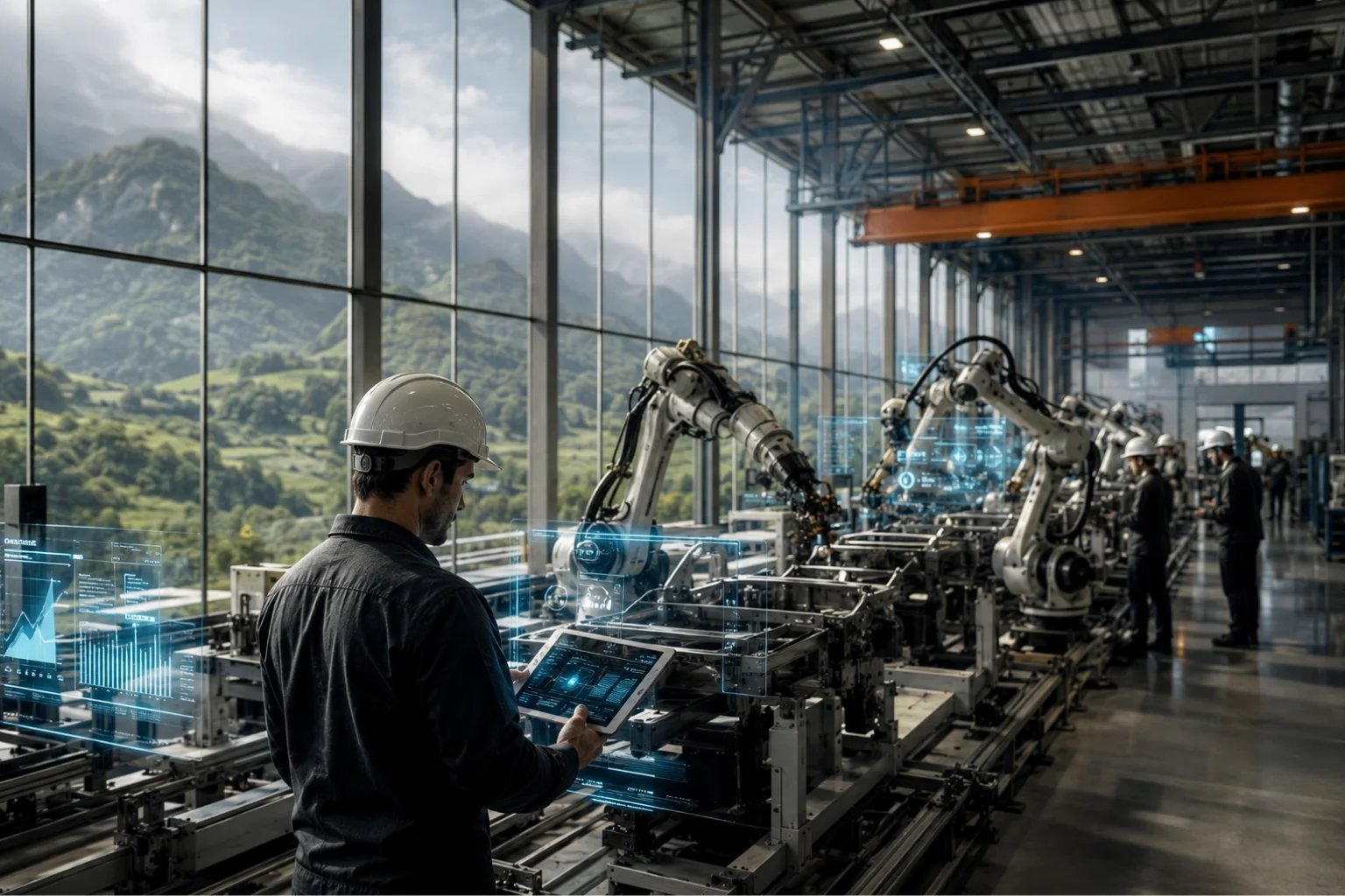 Ingeniero supervisando brazos robóticos automatizados en una fábrica inteligente asturiana con pantallas de datos holográficas y montañas verdes al fondo, en el marco de las ayudas IA Asturias 2026