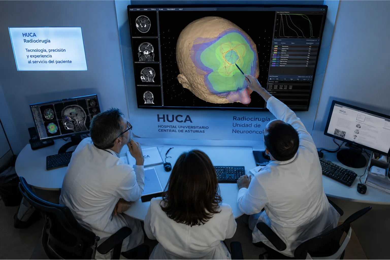 Equipo médico del HUCA planificando radiocirugía cerebral con inteligencia artificial y visualización 3D