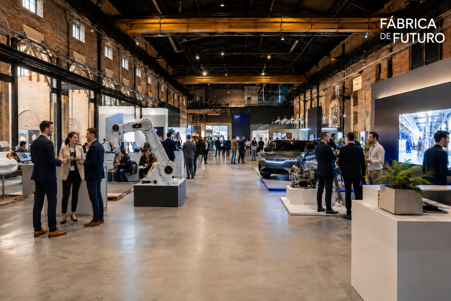 Vista general de la feria Fábrica de Futuro en la Nave Almacenes de la Fábrica de Armas de Oviedo, con visitantes interactuando con stands de robótica industrial y vehículos eléctricos