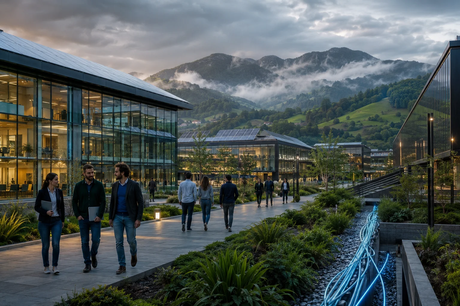 Profesionales tecnológicos caminando por las instalaciones de un parque tecnológico moderno en Asturias, con edificios de cristal, paneles solares y montañas verdes al fondo, reflejo del ecosistema de innovación que impulsan las ayudas IA Asturias 2026