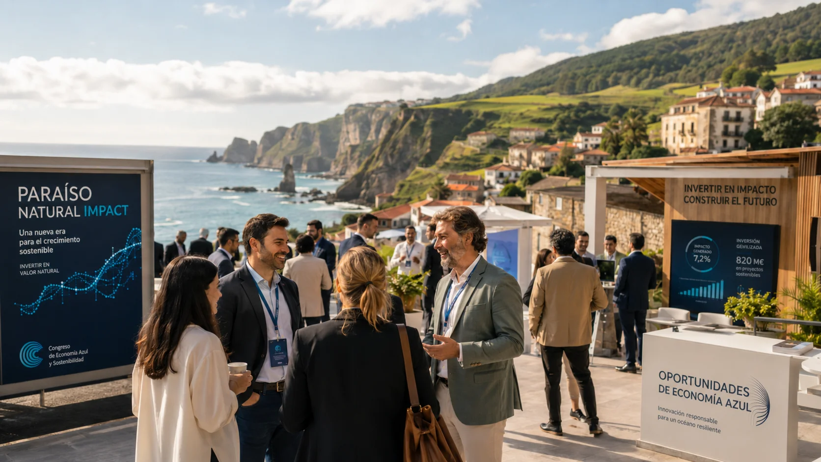 Profesionales, emprendedores e inversores en el evento Paraíso Natural Impact, celebrado en Luarca con vistas a los acantilados de la costa asturiana. Stands informativos sobre inversión de impacto y oportunidades de economía azul. Networking de startups y scale-ups de ruraltech.