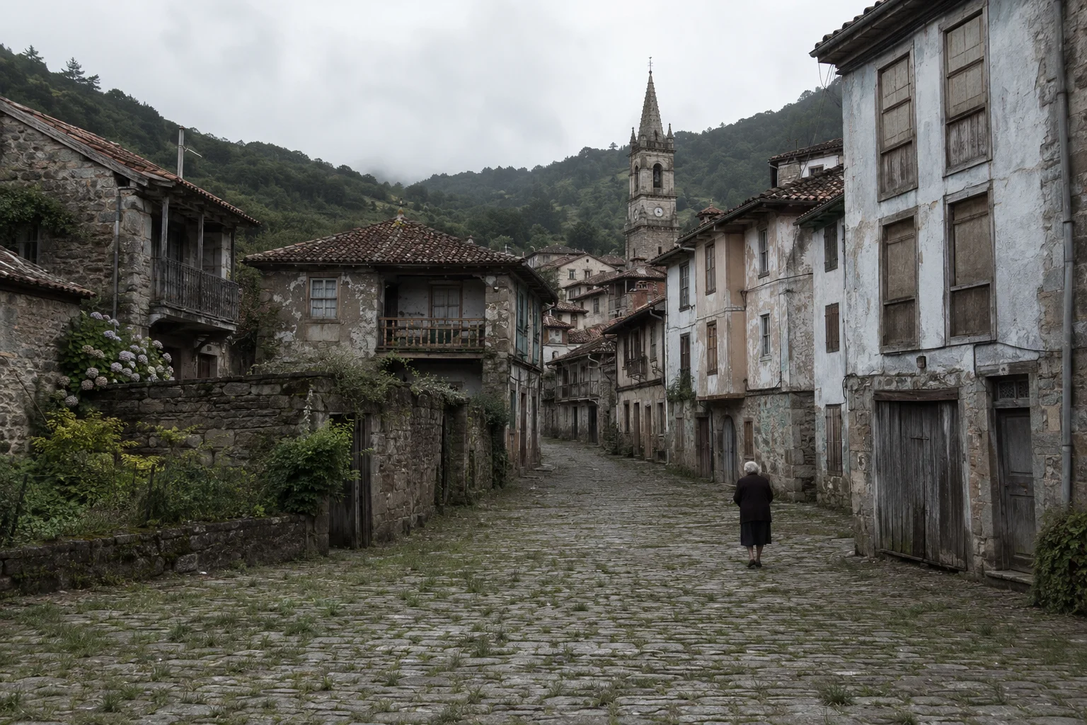 Calle vacía de un pueblo rural asturiano tradicional. Casas de piedra deterioradas, callejones empedrados sin gente, iglesia de fondo. Una figura solitaria de persona mayor caminando por las calles desiertas. Imagen que representa la despoblación y envejecimiento de la población en el medio rural asturiano.