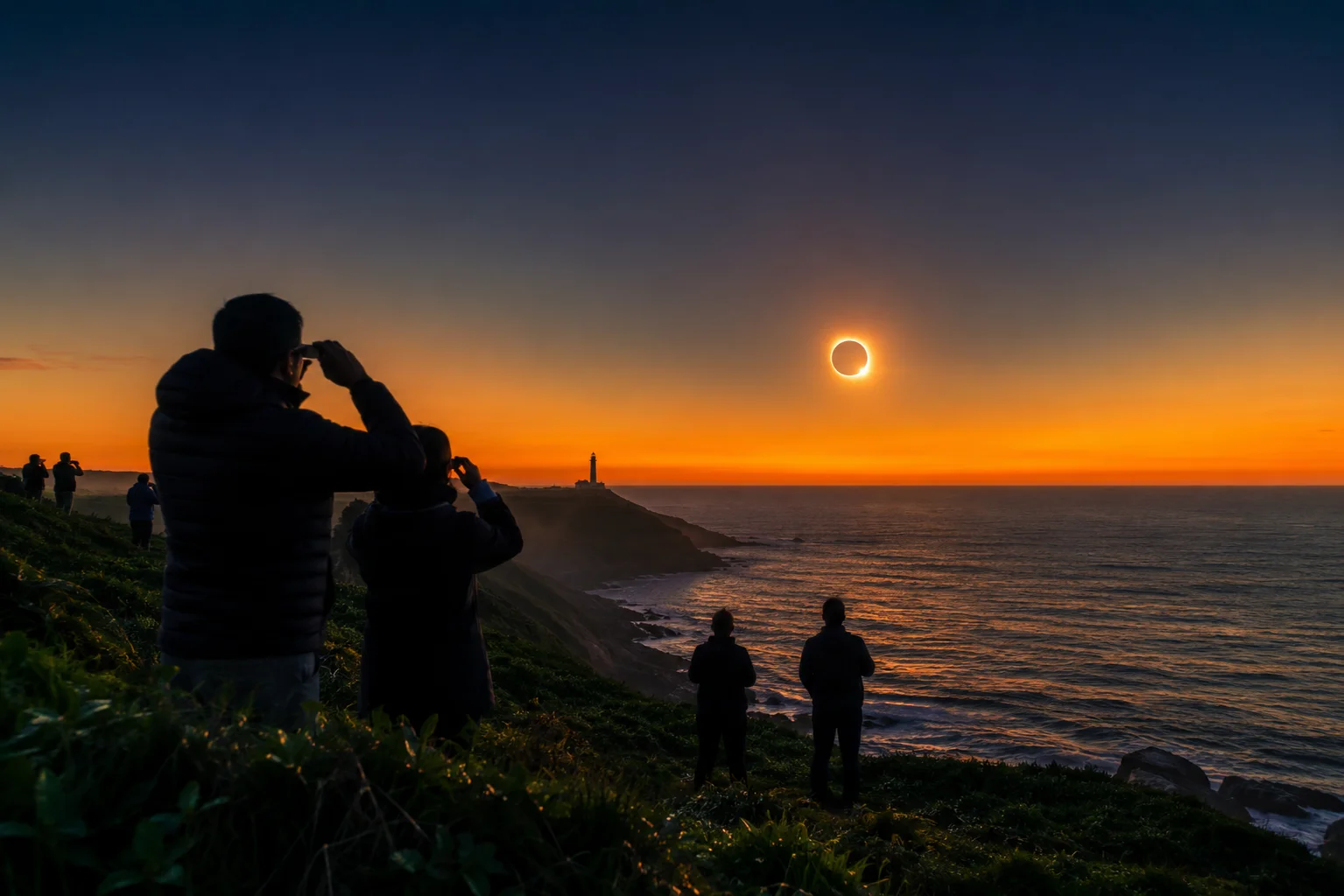 Observadores contemplando el eclipse solar en Asturias 2026 desde un acantilado verde sobre el mar Cantábrico, con un faro al fondo y la corona solar visible en el horizonte durante el atardecer