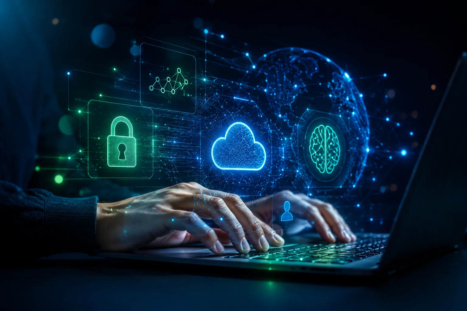 Iconos de los servicios tecnológicos de Altia Asturias: ciberseguridad, infraestructura cloud, inteligencia artificial y análisis de datos, representados con hologramas digitales sobre teclado profesional