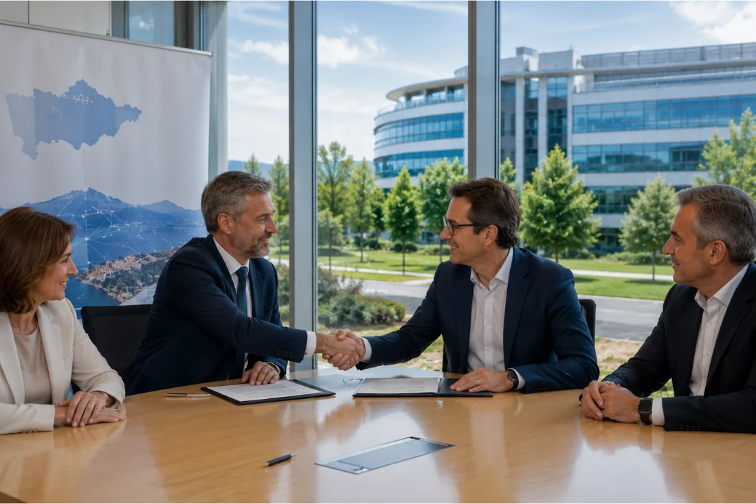 Directivos de Altia formalizan un acuerdo institucional en el Parque Tecnológico de Gijón, Asturias, en el marco de la llegada de la compañía al ecosistema tecnológico asturiano.