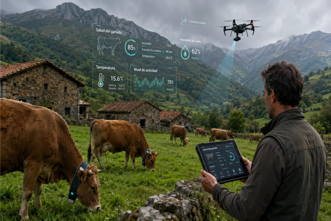 Granja tradicional en Asturias con montañas verdes, vacas marrones pastando con collares inteligentes, un dron agrícola escaneando el terreno y un agricultor consultando una tablet con datos de salud del ganado y humedad del suelo.