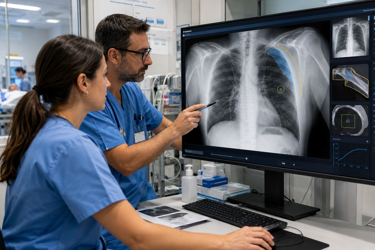 Profesional sanitario utilizando inteligencia artificial para analizar una radiografía en el Hospital de Mieres