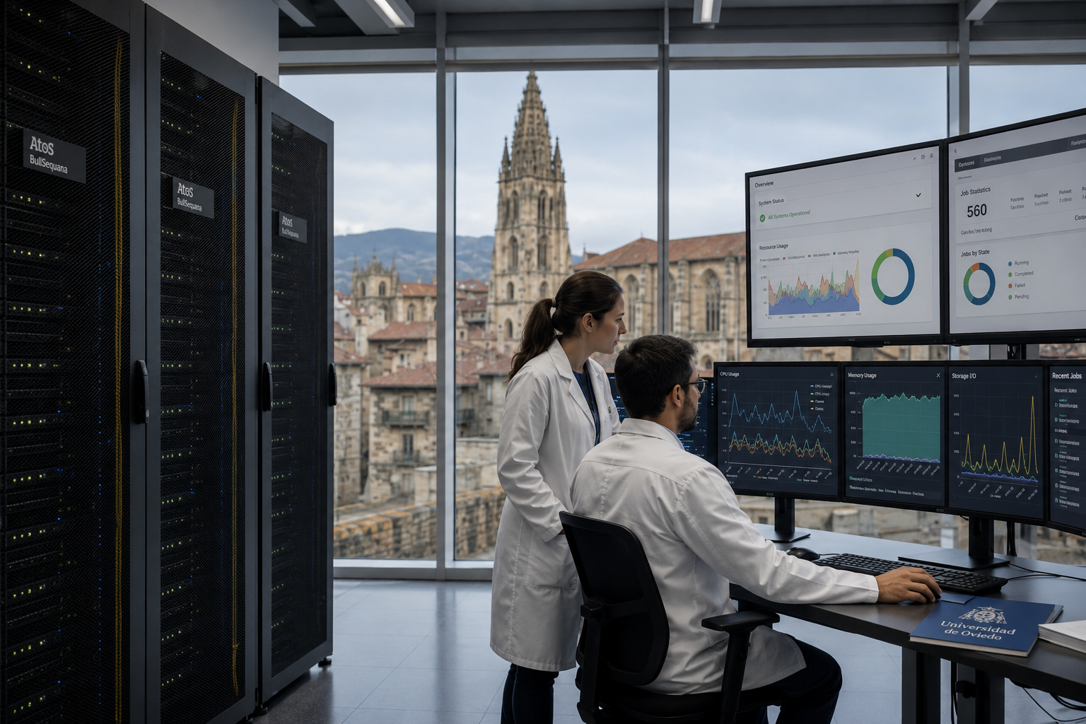 Centro de supercomputación en Asturias con investigadores y servidores de cálculo científico.